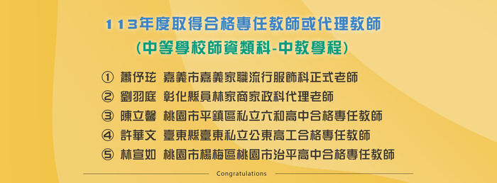 【恭喜】113年度生應所學生五位取得合格專任教師或代理教師圖片